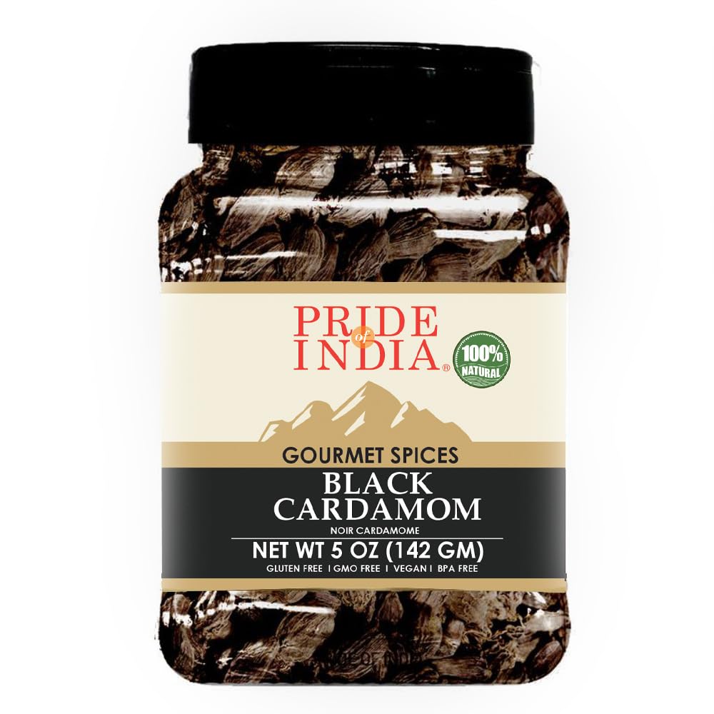 Pride of India – Black Cardamom Whole 5 oz (142 gm) – Cardamom Pods – Firm & Smoky Flavor – Freshly Dried – Ideal for Indian & Asian Cooking – Easy to Use – Medium Dual Sifter Bottle