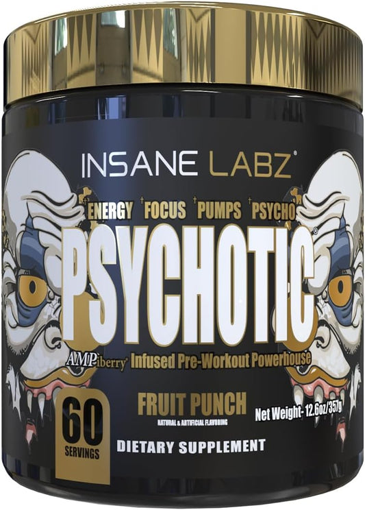 Insane Labz Psychotic Gold, High Stimulant Pre Workout Powder, Extreme Lasting Energy, Pumps and Endurance with Beta Alanine, DMAE Bitartrate, NO Booster (60 Servings, Fruit Punch)