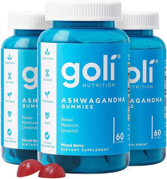 Goli Ashwagandha & Vitamin D Gummy - 180 Count - Mixed Berry, KSM-66, Vegan, Plant Based, Non-GMO, Gluten-Free & Gelatin Free Relax. Restore. Unwind, Pack of 3