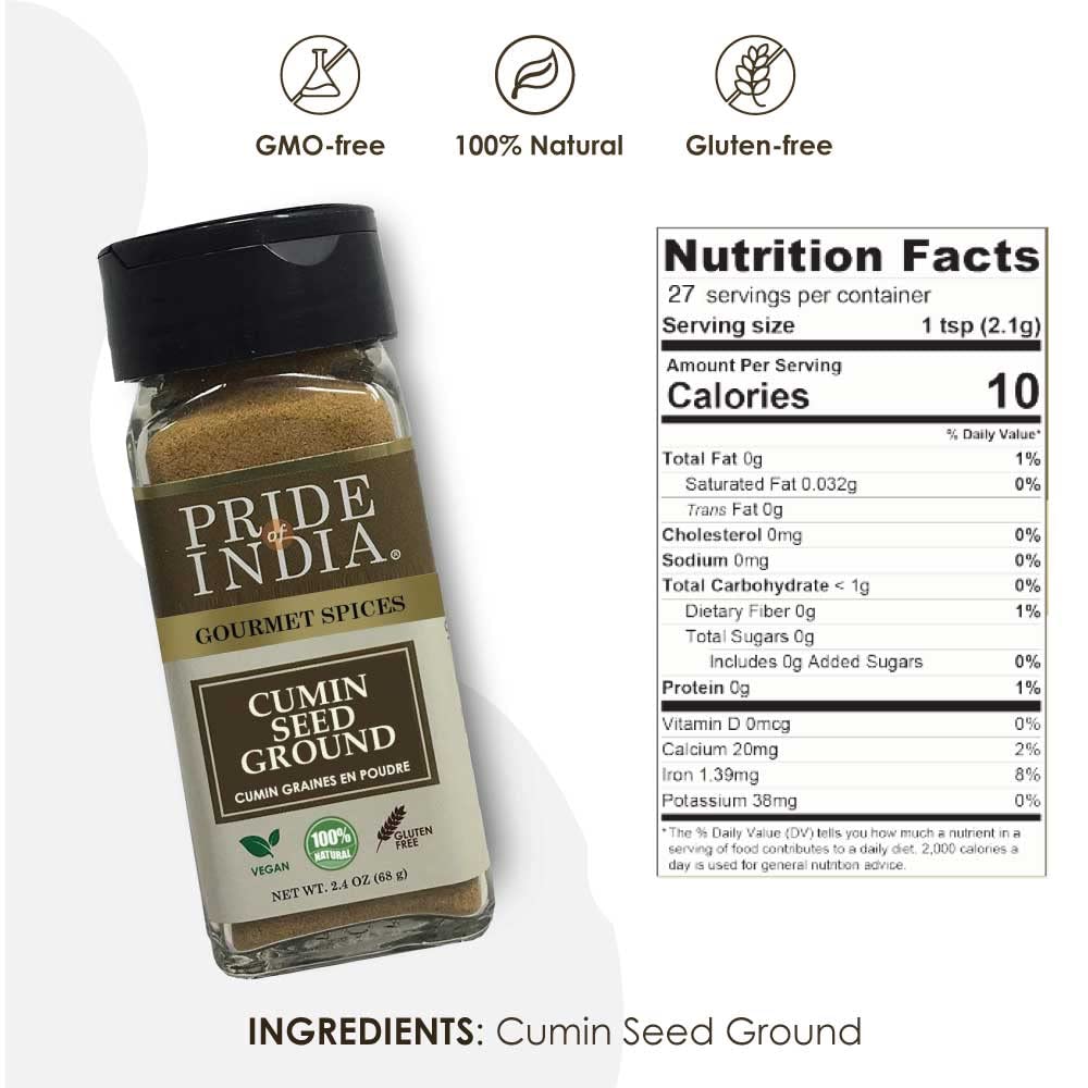 Pride of India – Cumin Seed Ground – Traditional Indian Spice – Seasoning spice for Curries/Lentils/Chicken/Meat – Easy to Use – 2.4 oz. Small Dual Sifter Bottle