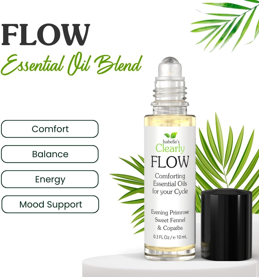 Flow Essential Oil Roll On for Women | Natural Aromatherapy Blend for PMS Support, Balance, Mood, and Comfort with Evening Primrose, Clary Sage, Copaiba, Fennel