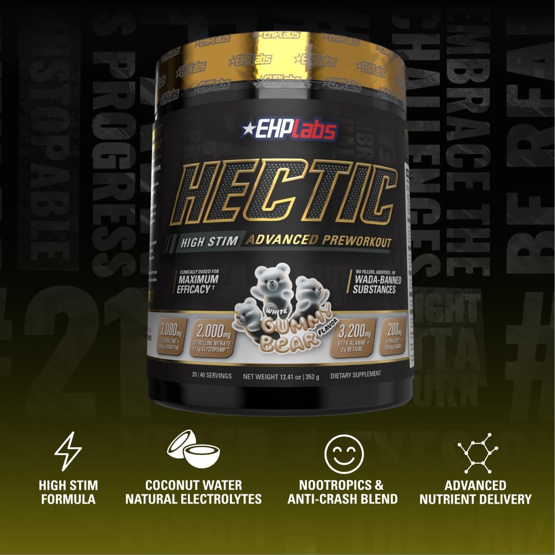 EHP Labs Hectic PreWorkout - High Stim Advanced Pre Workout Powder for Max Performance - Caffeine, Beta Alanine, Coconut Water - Energy, Pump, Recovery & Hydration - 40 Serves (White Gummy)