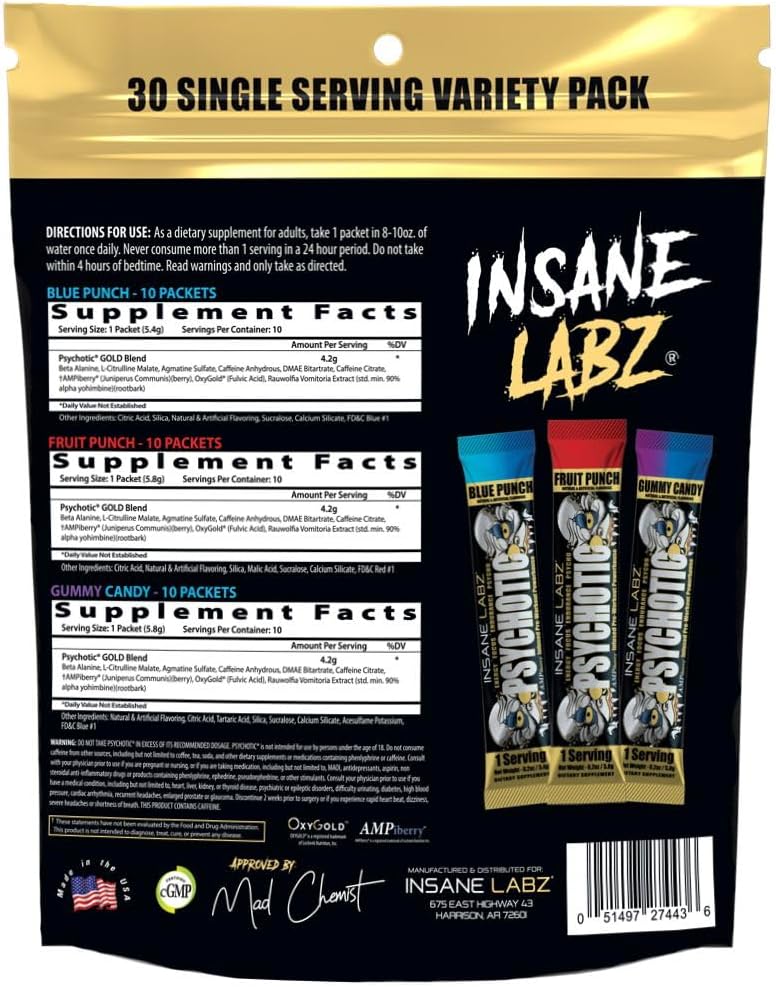 Insane Labz Psychotic Gold, High Stimulant Pre Workout Powder, Extreme Lasting Energy Focus, Pumps and Endurance with Beta Alanine, DMAE Bitartrate, NO Booster (30 Servings, Variety)