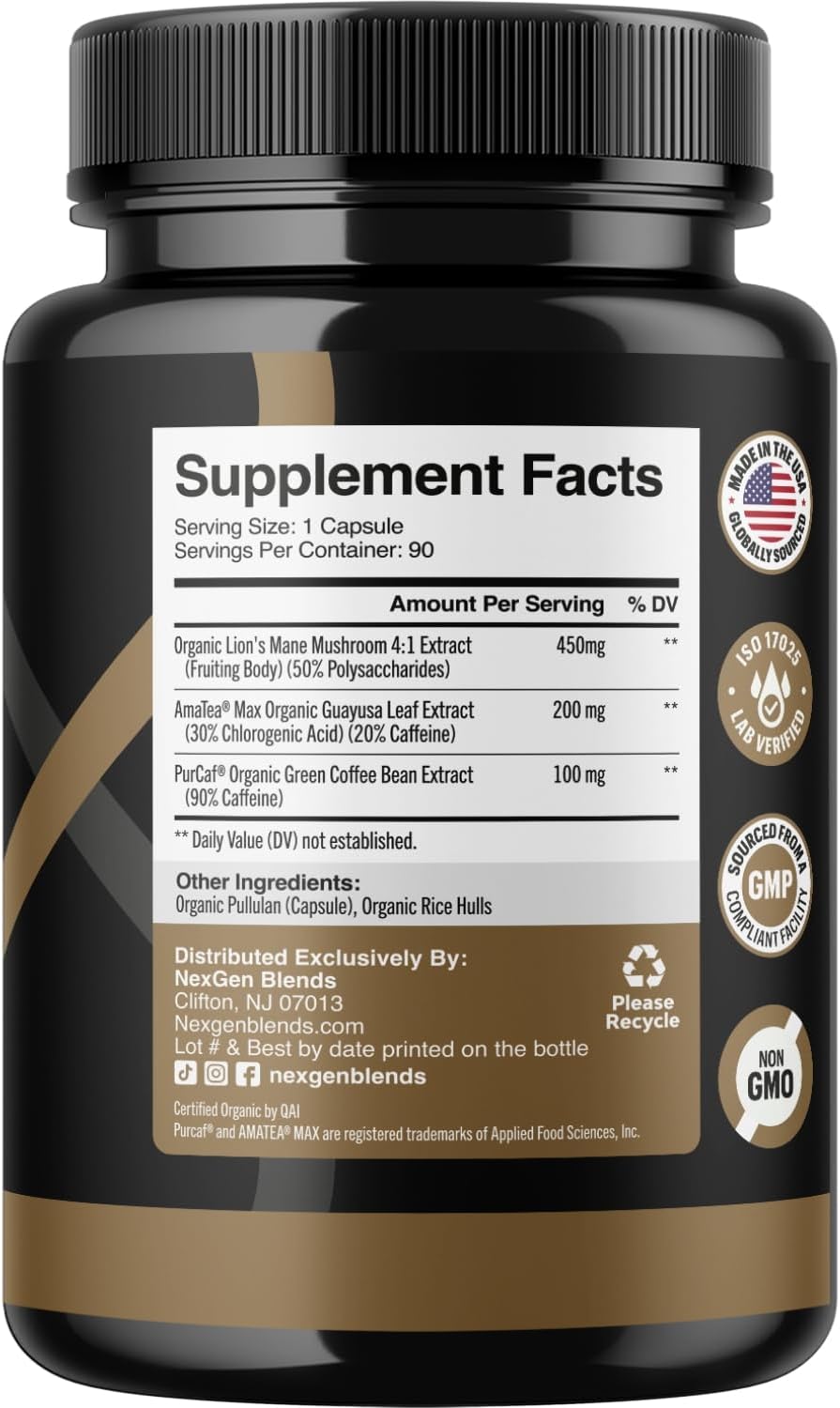 100% Organic Mushroom Coffee Capsules - Natural Energy Supplement with 130mg Caffeine from Clinically Proven Patented Green Coffee Bean & Guayusa Extracts for Jitter-Free Energy & Focus (90 Servings)