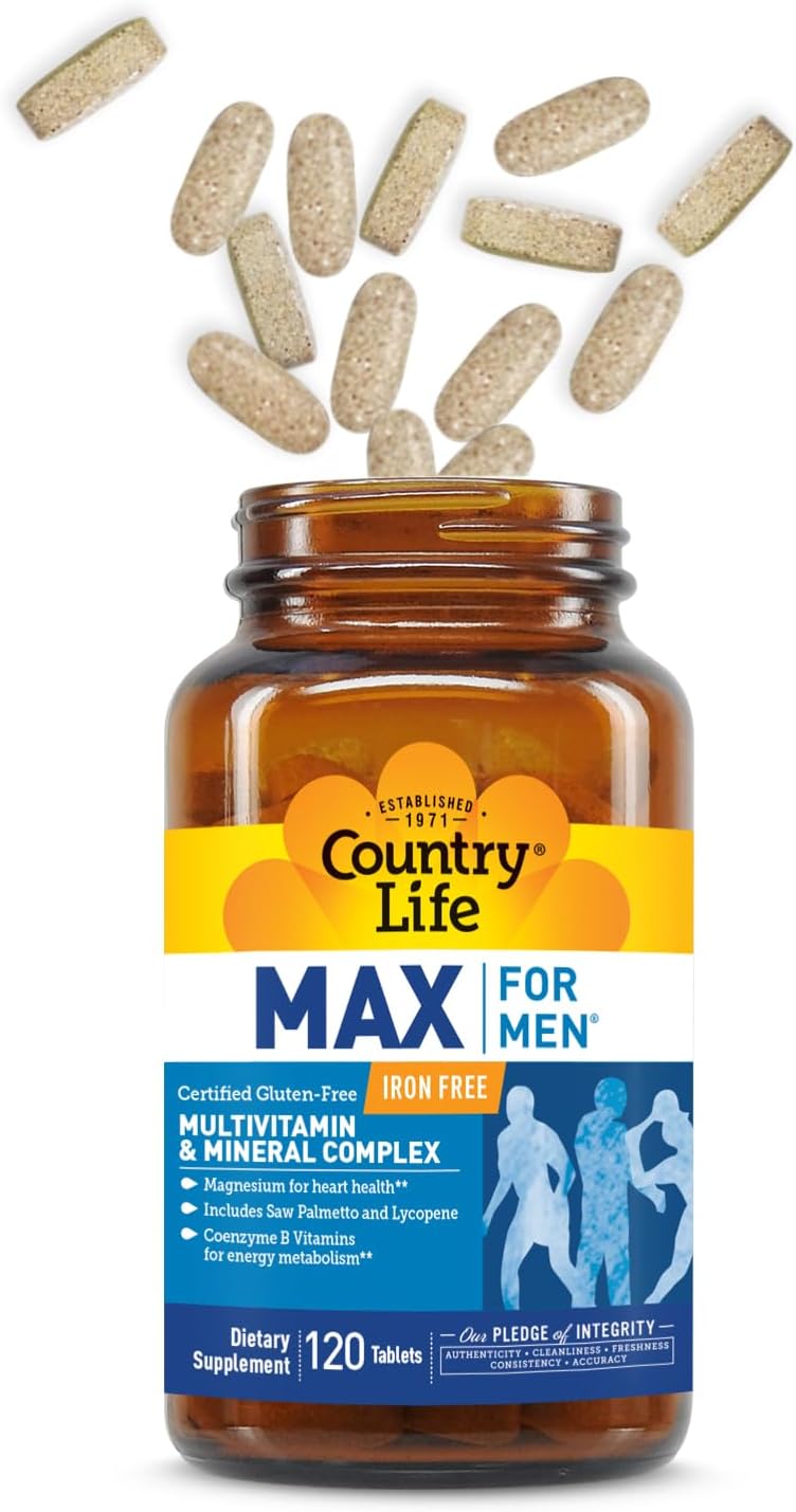 Country Life Max for Men Multivitamin: Iron-Free, Gluten Free, Saw Palmetto, Lycopene, Daily Support for Energy, Heart & Men's Health,120 Vegetarian Tablets
