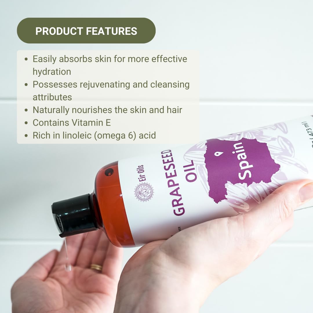 Grapeseed Oil - Pure Grapeseed oil for Skin - 100% Pure Carrier Oil for Hair, Face, and Skin - Direct from EIR Oils in the Beautiful Spanish Countryside (16 oz)