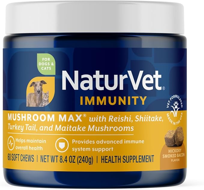 NaturVet Mushroom Max Advanced Immune Support Dog Supplement – Helps Strengthen Immunity, Overall Health for Dogs – Includes Shitake Mushrooms, Reishi, Turkey Tail – 60 Ct.