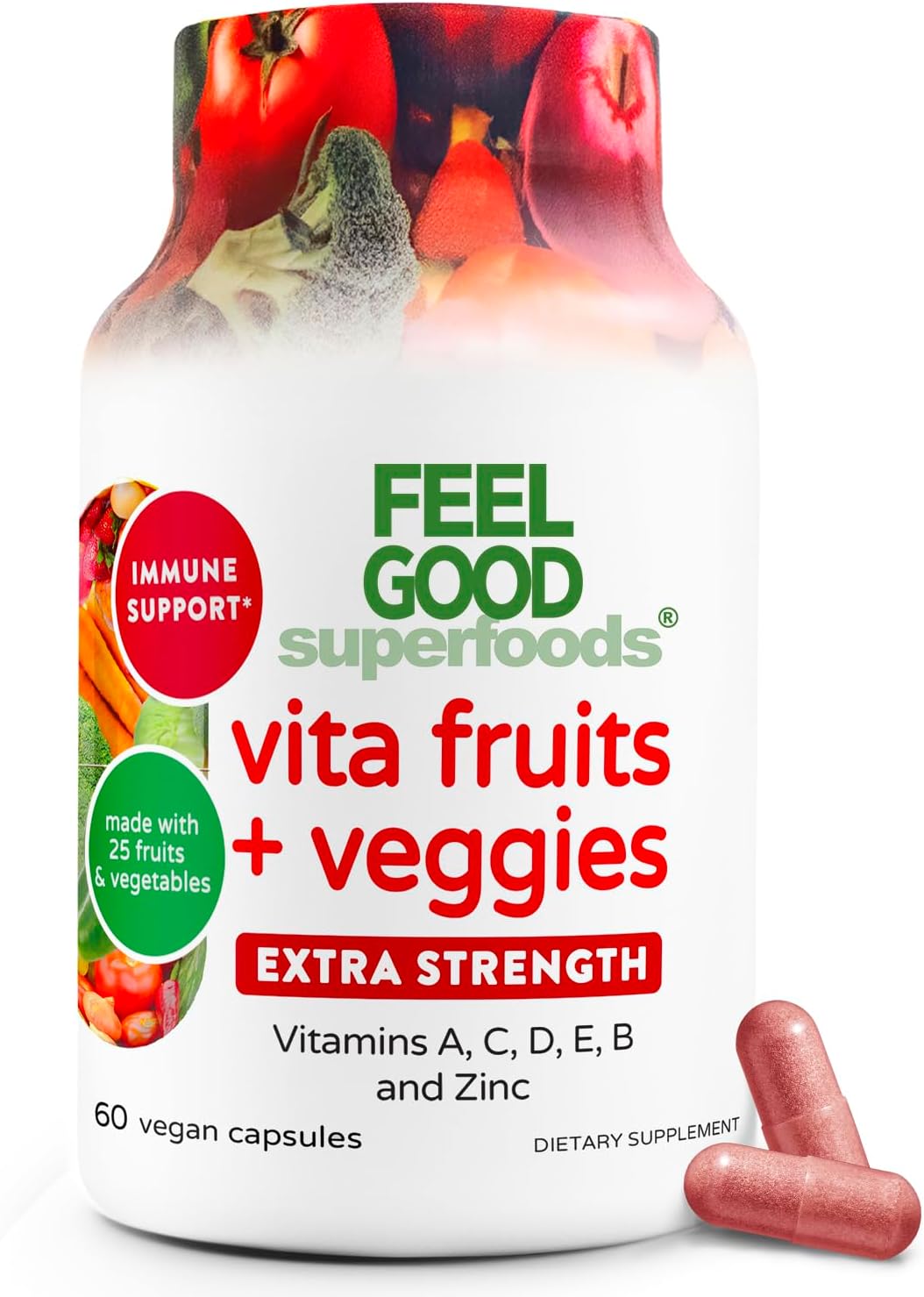 1000mg Immune Support Capsules Made with 25 Organic Fruits and Vegetables, Strong Immunity Boosters with Vitamins A, C, D3, and Zinc, 60 Count