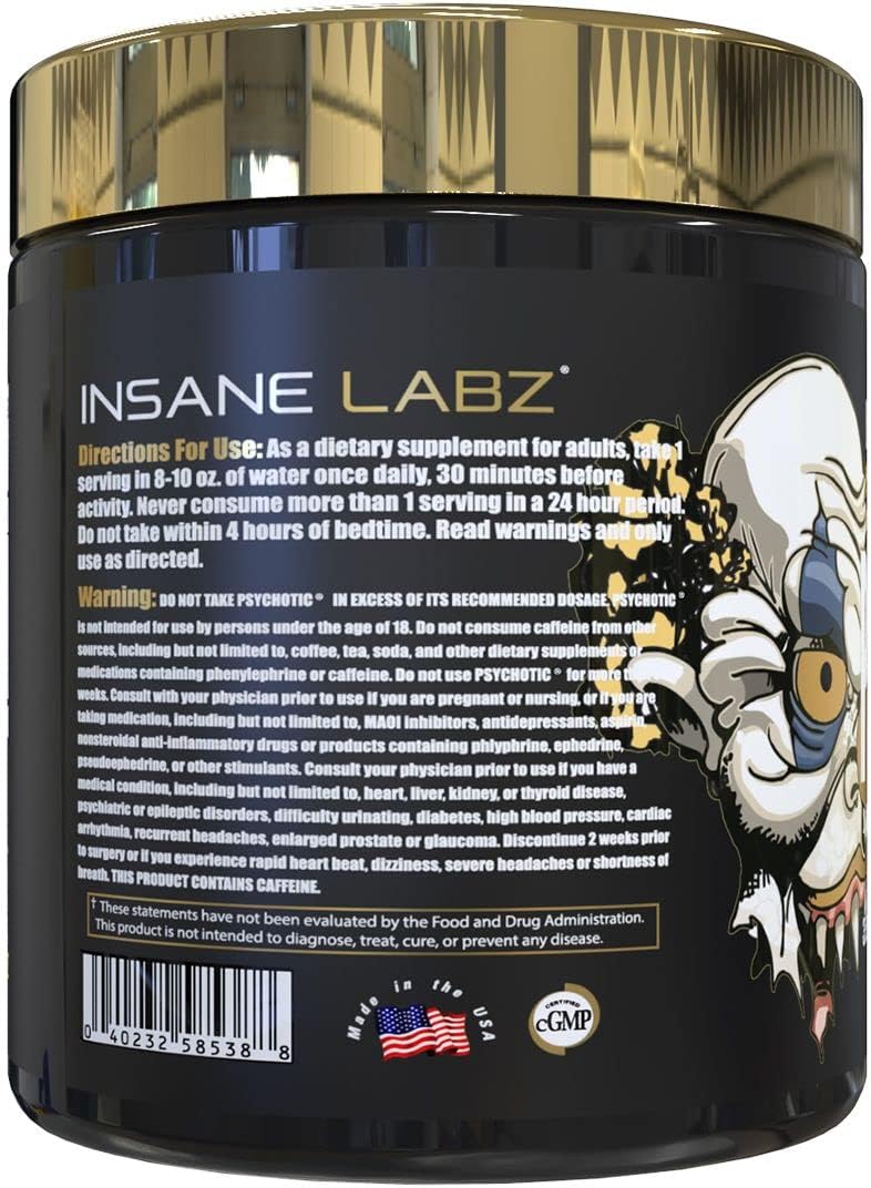 Insane Labz Psychotic Gold, High Stimulant Pre Workout Powder, Extreme Lasting Energy Focus, Pumps and Endurance with Beta Alanine, DMAE Bitartrate, NO Booster (35 Servings, Fruit Punch)