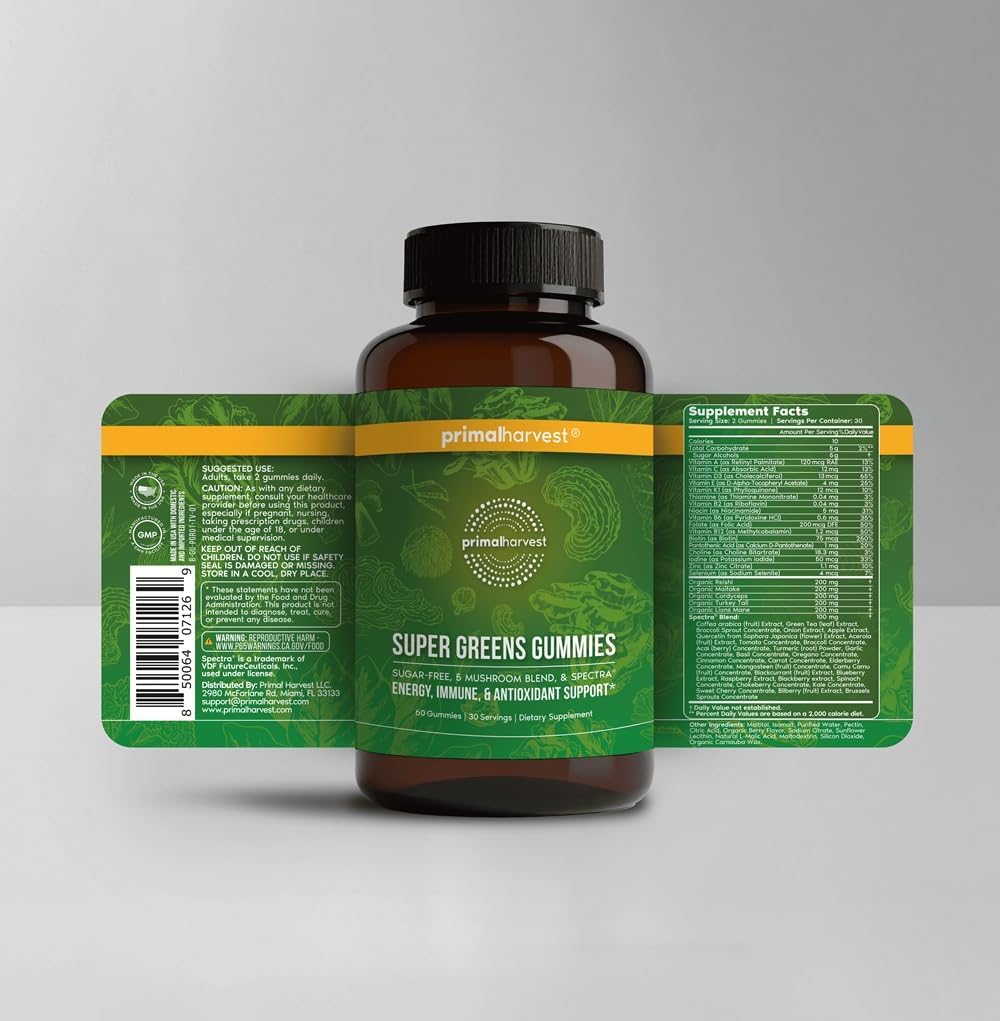 Primal Harvest Super Greens Gummies, Superfood Blend with Adaptogenic Mushrooms Vitamins & Nutrient-Rich Minerals & Antioxidants for Energy & Immune Support (1 Pack (60 Count), Berry)