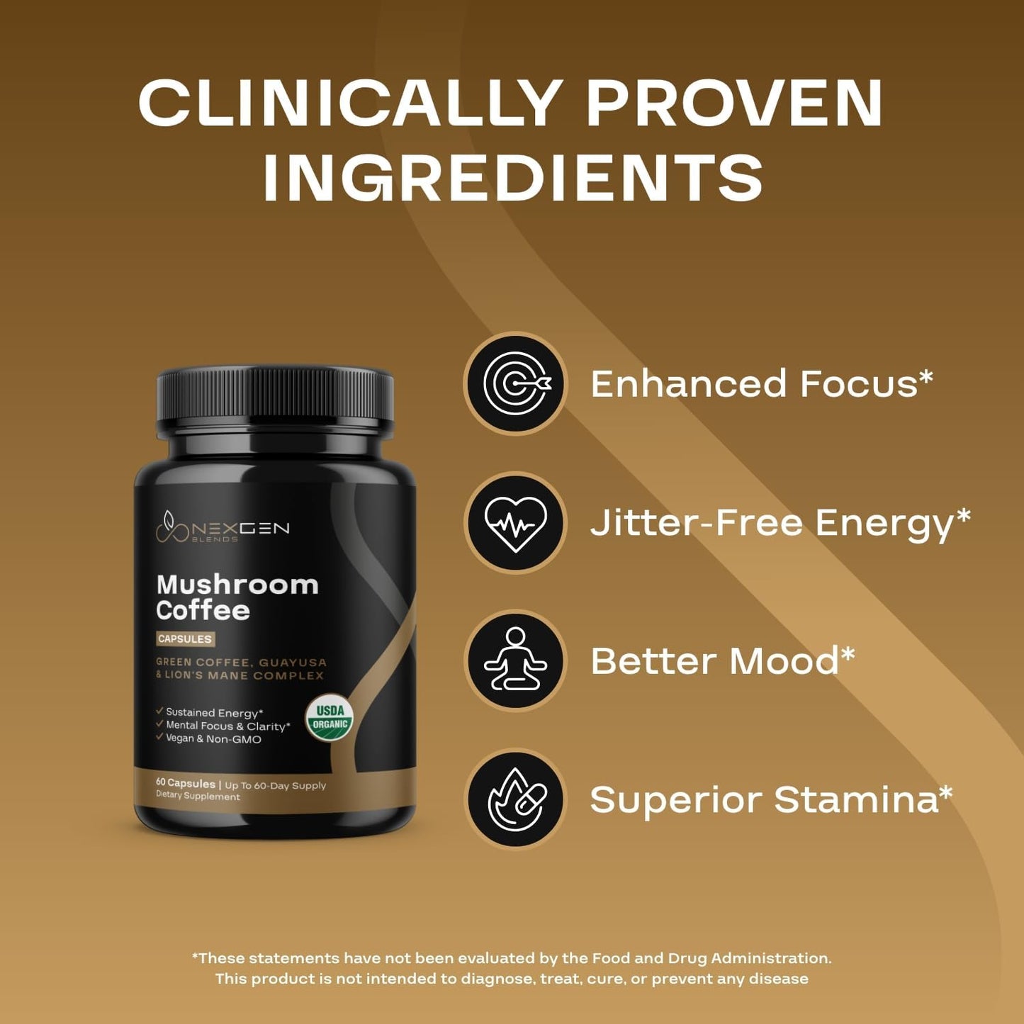 100% Organic Mushroom Coffee Capsules - Natural Energy Supplement with 130mg Caffeine from Clinically Proven Patented Green Coffee Bean & Guayusa Extracts for Jitter-Free Energy & Focus (60 Servings)