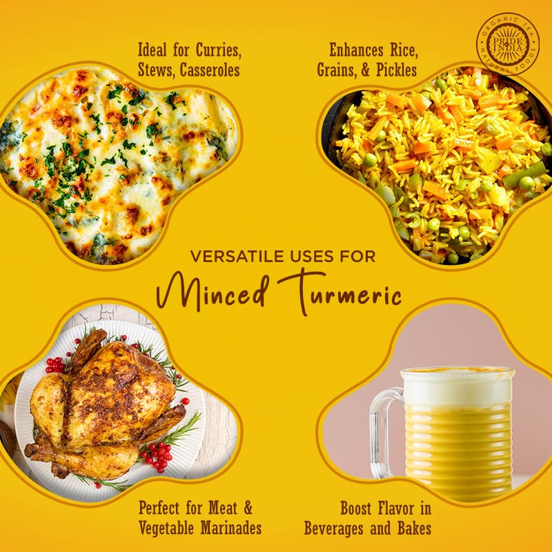 Pride of India – Turmeric Minced Whole – Gourmet Spice – Curcumin Rich Properties – No Additives Gluten – Easy to Use – 7 oz. Medium Dual Sifter Jar