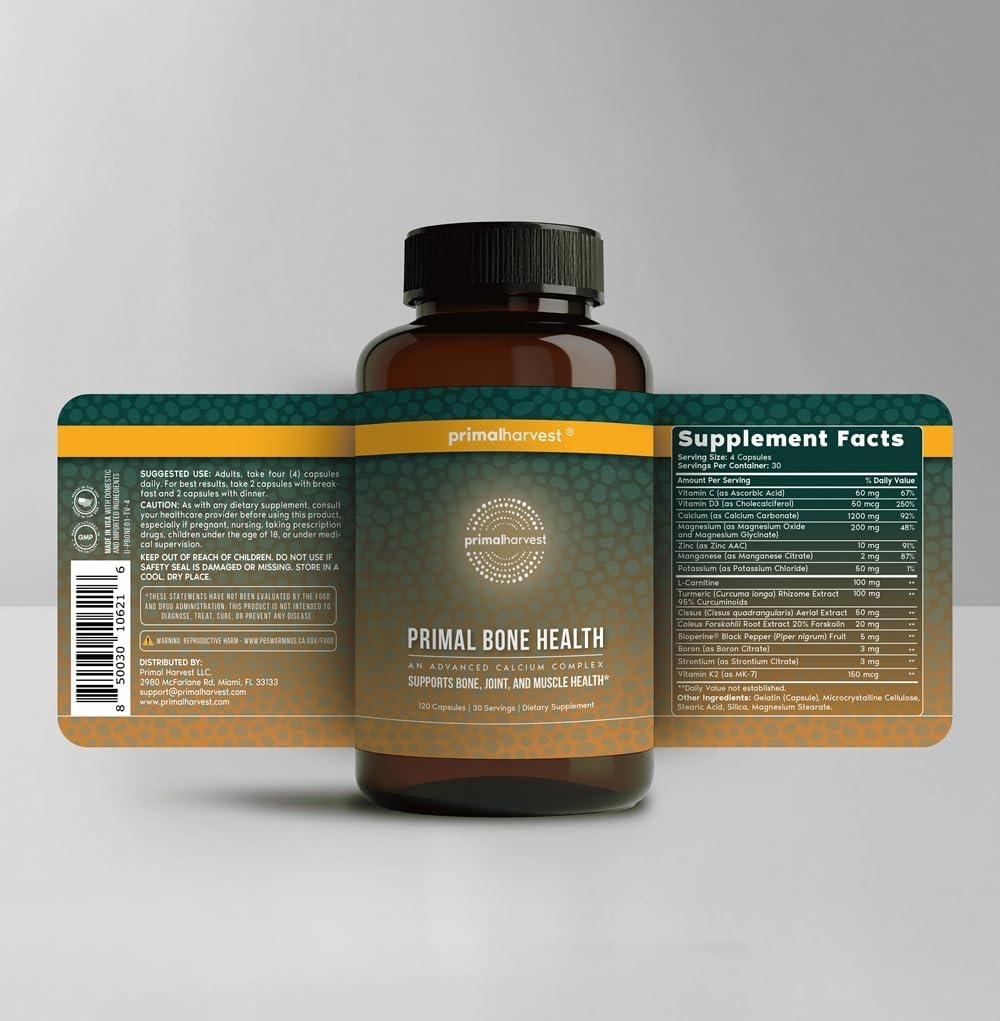 Primal Harvest 2 Pack, Primal Bone Health Calcium Carbonate Bone Health Complex for Men & Women with Calcium, Magnesium, Zinc, Manganese, Potassium, & L-Carnitine (240 Capsules)