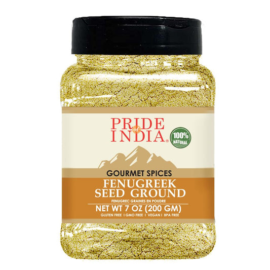 Pride of India – Fenugreek Seed Ground – Gourmet Indian Spice – Vegan, Gluten & GMO-Free – Ideal for Cooking & Meat Seasoning – Easy to Use – 7 oz. Medium Dual Sifter Jar