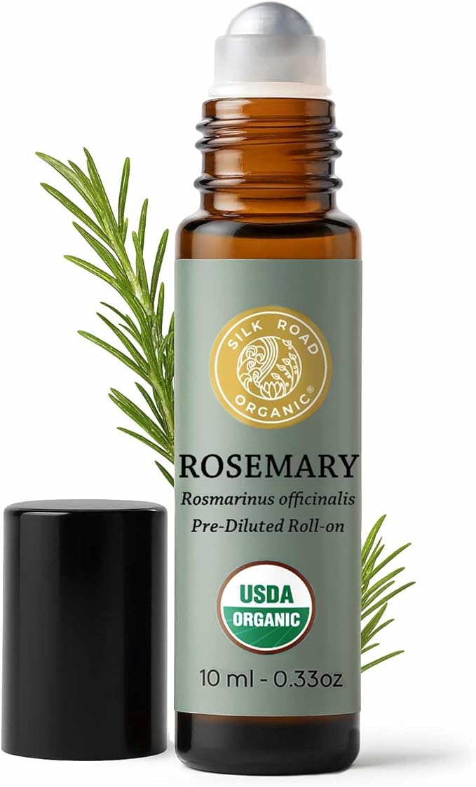 Silk Road Organic Rosemary Essential Oil & Jojoba Roll On, USDA Certified, Support Hair Growth & Health - 10 ml Aromatherapy Roller