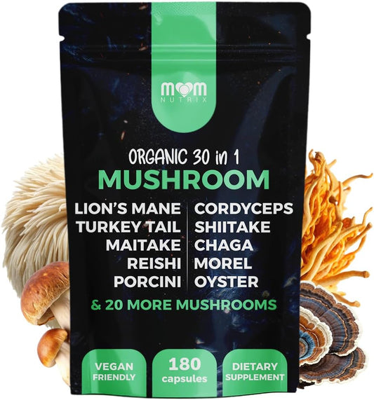 30 in 1 Ultimate Mushroom Supplement - 180 Mushroom Capsules, Organic - Lion’s Mane, Cordyceps, Chaga, Reishi, Turkey Tail, Mitake, Shiitake & More - Brain & Immune Support