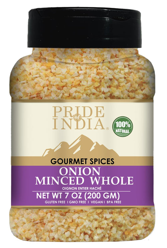 Pride of India- Minced Onion 7 oz (200 gm)- Ready to Use Fresh Onion- Time Saving Sweet & Salty Flavoured Ingredient- Perfect for Ramen, Soups, Meatballs, Marinades, Sauces, Dips & Stews- Gluten Free, Vegan, Non-GMO