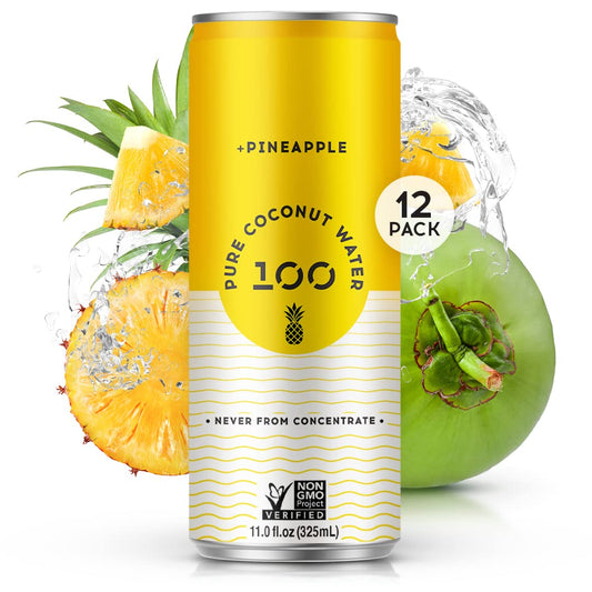100 Coconuts Pineapple Pure Coconut-100% Pure Coconut Water - Low Calorie All-Natural Drink with Electrolytes - Naturally Sweet, no preservatives- Non-GMO, 11 fl oz, Pack of 12 (Pure Coconut Water)