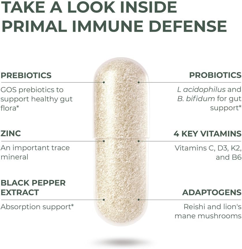 Primal Harvest Primal Immune Defense 10-in-1 Immune Defense Supplement: with 7 Billion CFU Probiotics, Zinc, Vitamins C, B6, D3, K2 - Immune Boosters for Adults 60 Capsules (1 Pack)