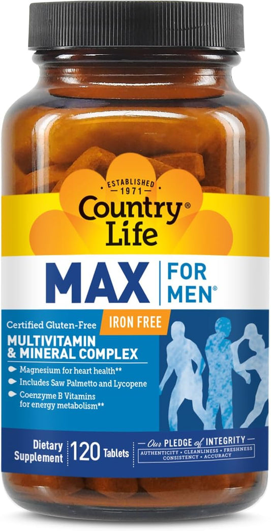 Country Life Max for Men Multivitamin: Iron-Free, Gluten Free, Saw Palmetto, Lycopene, Daily Support for Energy, Heart & Men's Health,120 Vegetarian Tablets