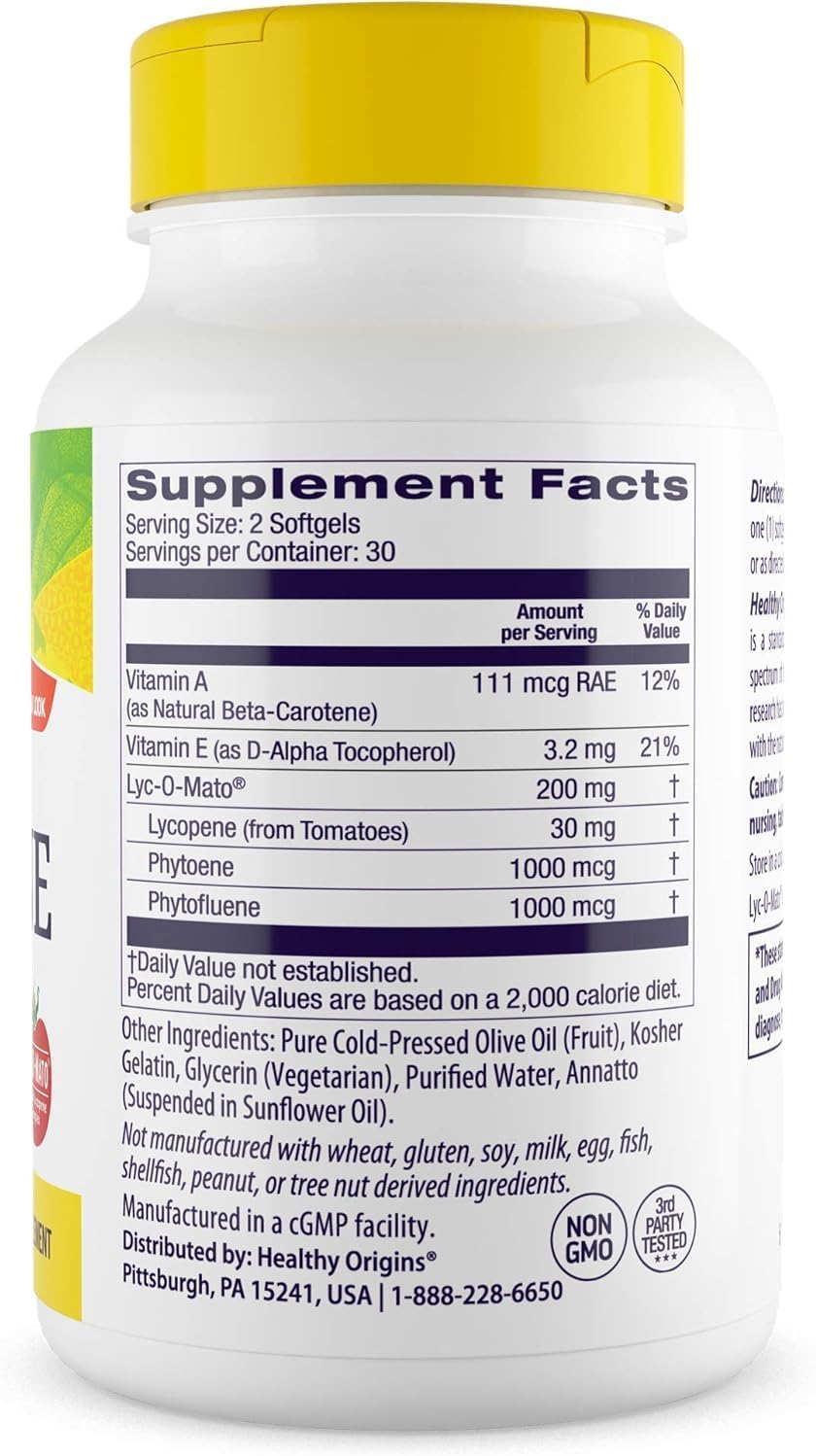 Healthy Origins Lycopene 15 mg (Natural, Non-GMO, Gluten Free, Skin Support, Prostate Support), 60 Softgels