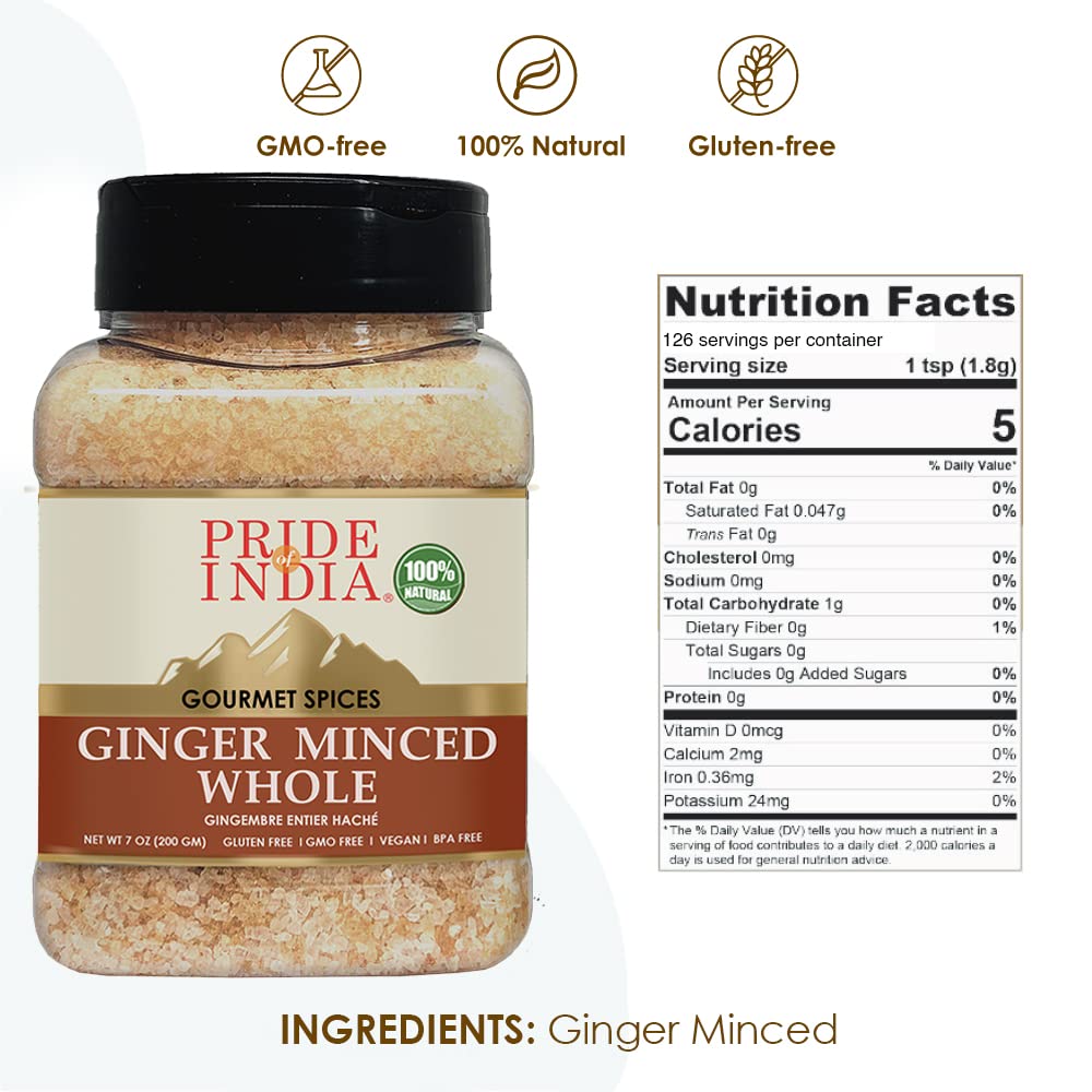 Pride of India – Ginger Minced Whole – Gourmet Spice – Rich in Antioxidant – Potent Flavor - Great for Adding Flavor to Stir Fries & Sauces – Easy to Store – 7 oz. Medium Dual Sifter Jar