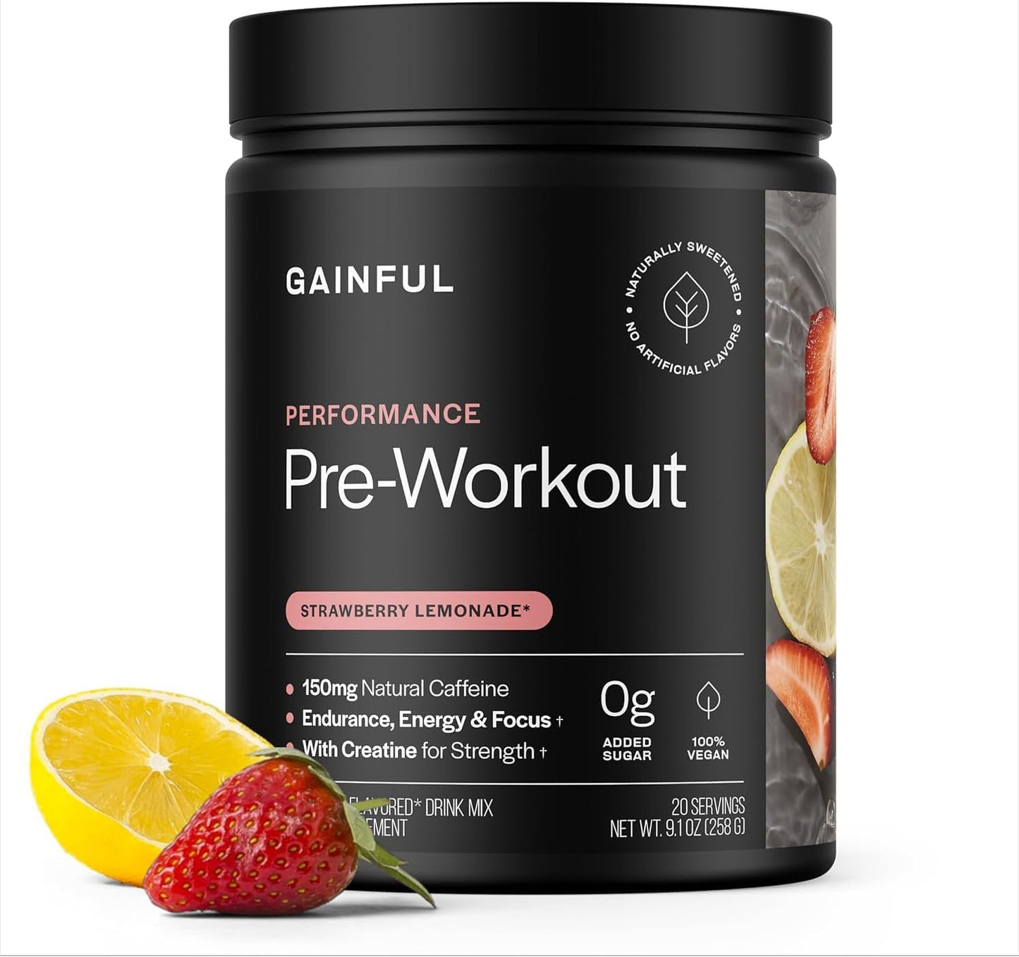 Gainful Performance Pre Workout Powder with Natural Caffeine & Creatine, Strawberry Lemonade Flavor, Supports Energy, Strength, Endurance, & Recovery, BCAAs, Beta Alanine, L-Citrulline, 20 Servings