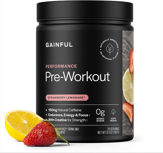 Gainful Performance Pre Workout Powder with Natural Caffeine & Creatine, Strawberry Lemonade Flavor, Supports Energy, Strength, Endurance, & Recovery, BCAAs, Beta Alanine, L-Citrulline, 20 Servings