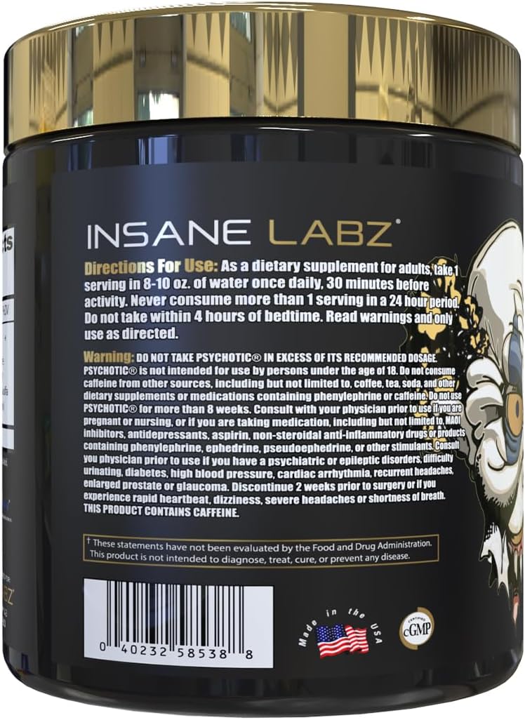 Insane Labz Psychotic Gold, High Stimulant Pre Workout Powder, Extreme Lasting Energy Focus, Pumps and Endurance with Beta Alanine, DMAE Bitartrate, NO Booster (35 Servings, Fruit Punch)
