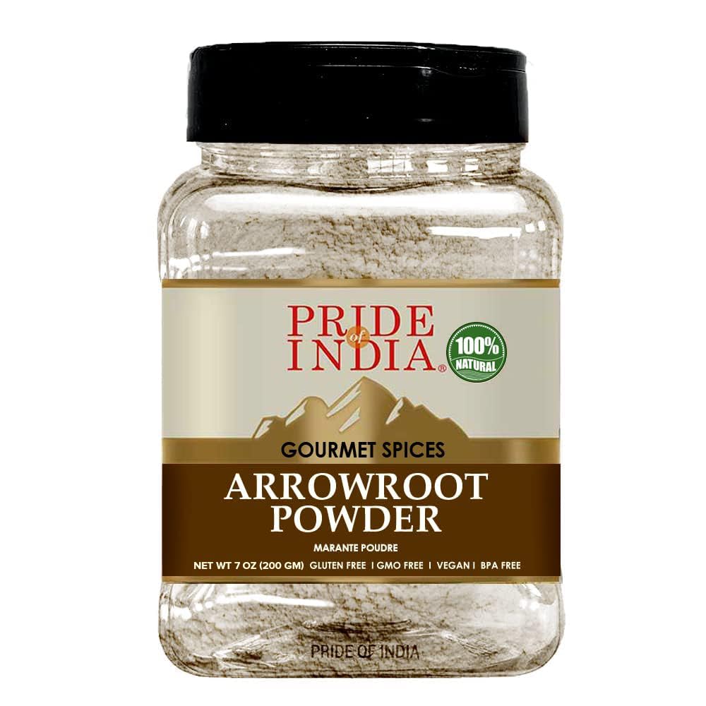 Pride of India – Natural Arrowroot Ground Powder – Baking & Thickening Agent – Gluten & GMO Free – Good for Sauces, Fritters & Fries – Easy to Use – 7 oz. Medium Dual Sifter Jar