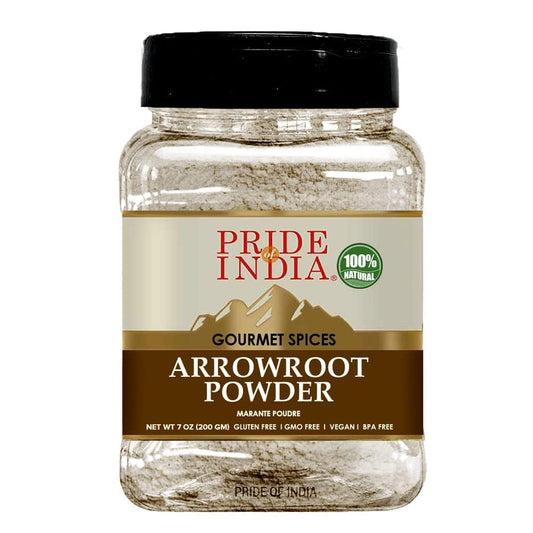 Pride of India – Natural Arrowroot Ground Powder – Baking & Thickening Agent – Gluten & GMO Free – Good for Sauces, Fritters & Fries – Easy to Use – 7 oz. Medium Dual Sifter Jar