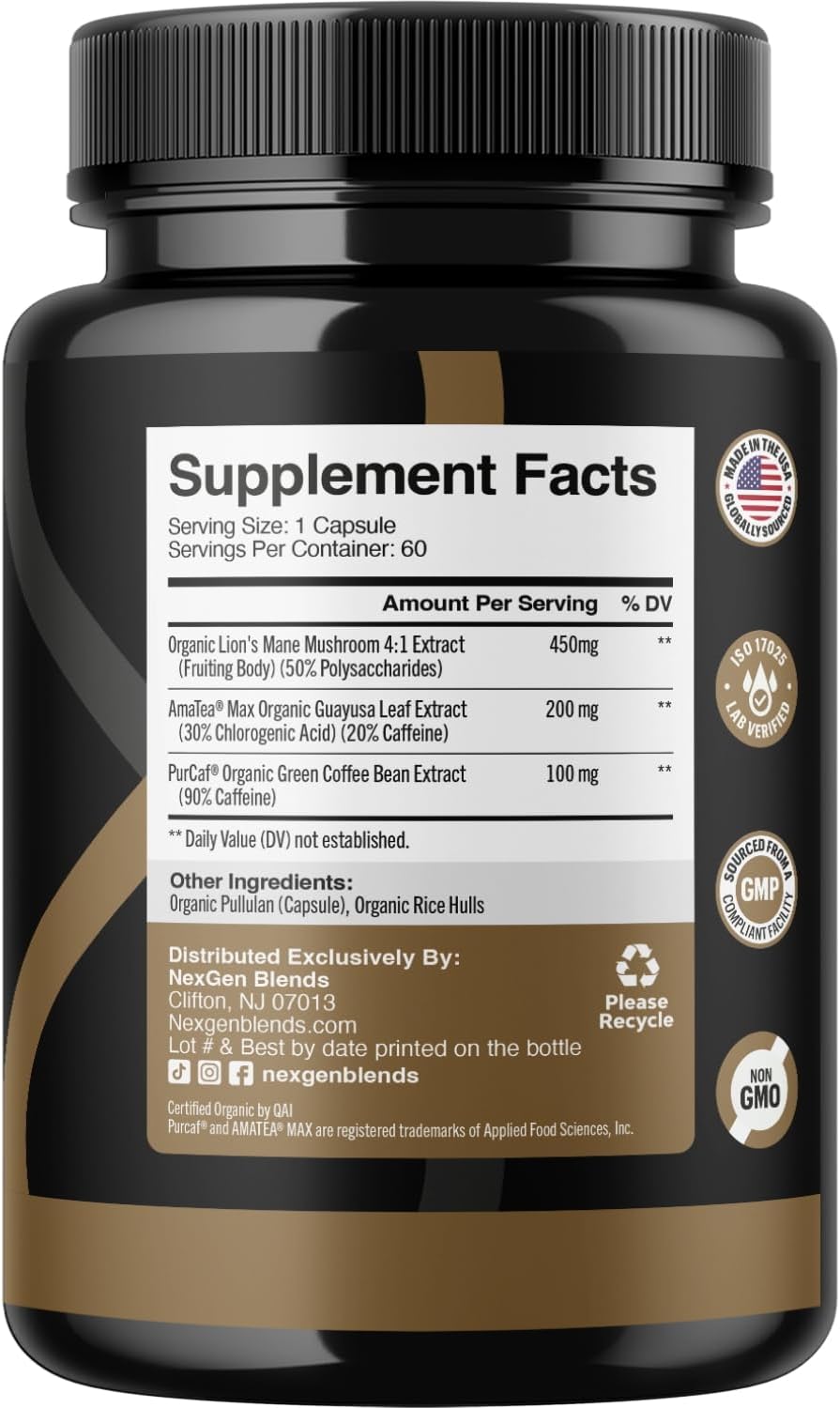 100% Organic Mushroom Coffee Capsules - Natural Energy Supplement with 130mg Caffeine from Clinically Proven Patented Green Coffee Bean & Guayusa Extracts for Jitter-Free Energy & Focus (60 Servings)