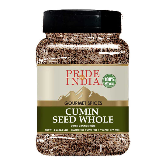 Pride of India - PACK of 6 - Cumin Seed Whole – Gourmet Indian Spice – Excellent for Culinary Uses – Fresh and Quality Seeds – Adds Flavor & Aroma - Easy to Store – 8 oz. Medium Dual Sifter Bottle