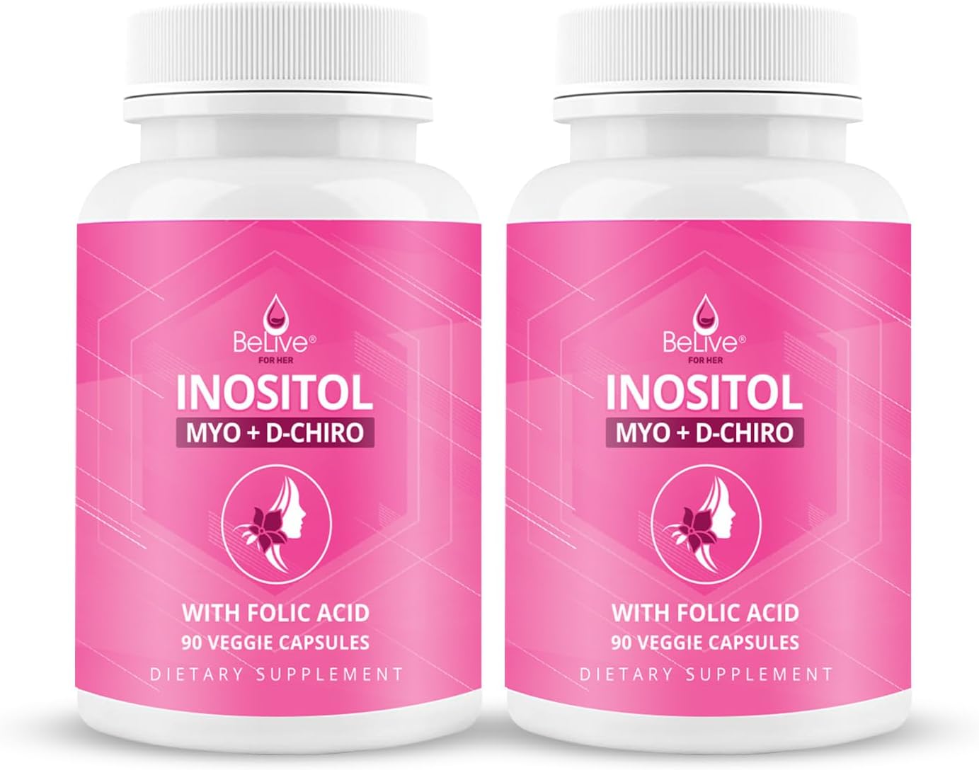 BeLive Myo-Inositol & D-Chiro Inositol Supplement – 2 Pack – 90 Capsules Each – 40:1 Ratio with Folic Acid for Women