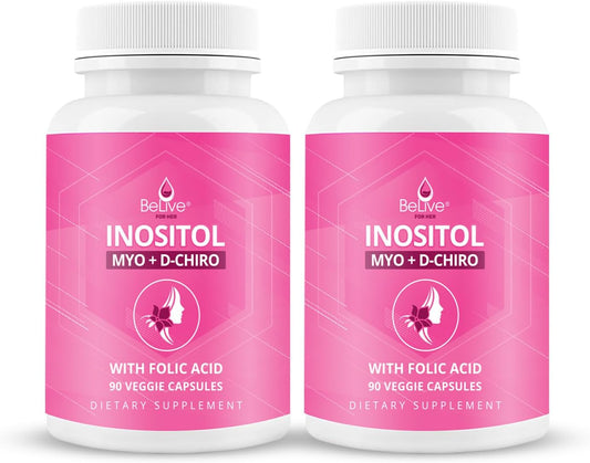 BeLive Myo-Inositol & D-Chiro Inositol Supplement – 2 Pack – 90 Capsules Each – 40:1 Ratio with Folic Acid for Women