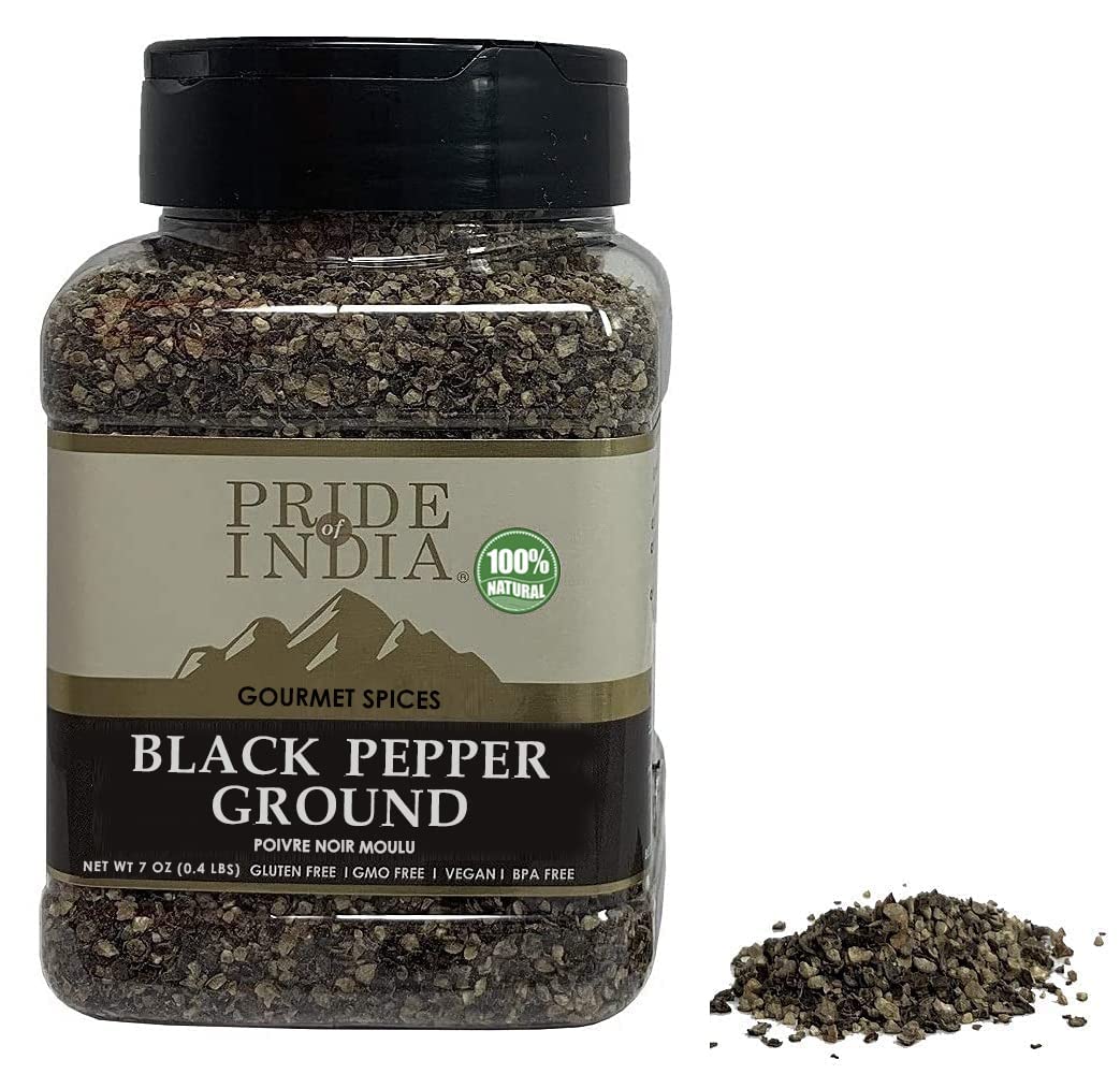 Pride of India - PACK of 6 - Black Pepper Ground – Ideal for Gourmet Dishes/Soups/Stews/Rubs – Fresh & Preservatives Free – Warming Spice – Easy to Store – 7oz. Medium Dual Sifter Jar