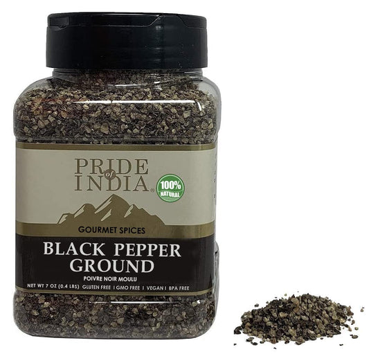 Pride of India - PACK of 6 - Black Pepper Ground – Ideal for Gourmet Dishes/Soups/Stews/Rubs – Fresh & Preservatives Free – Warming Spice – Easy to Store – 7oz. Medium Dual Sifter Jar