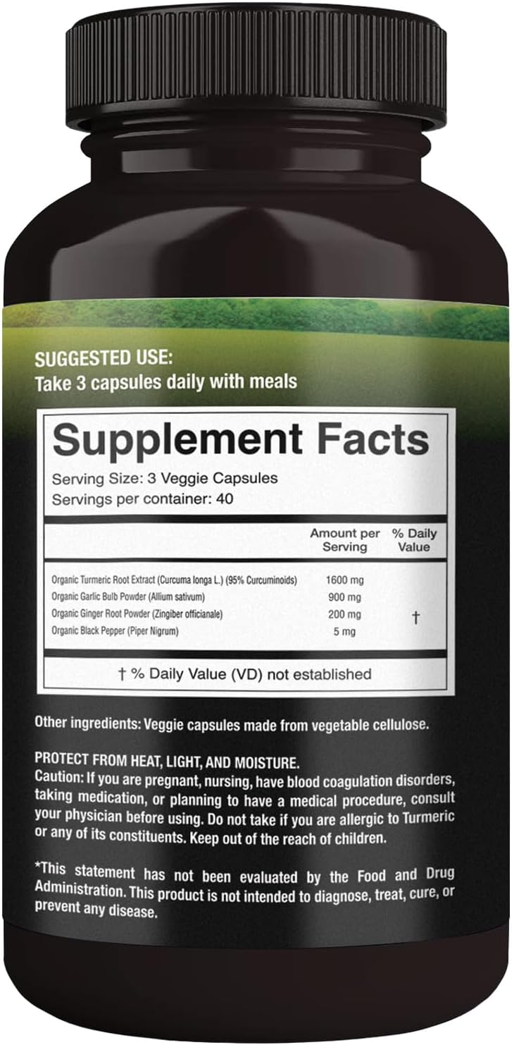 100% Raw and Organic Turmeric Curcumin Capsules. Certified Organic, Gluten-Free, Non-GMO, and Caffeine-Free. Enhanced with Garlic, Ginger and Black Pepper, 500mg, 120 Vegan Capsules