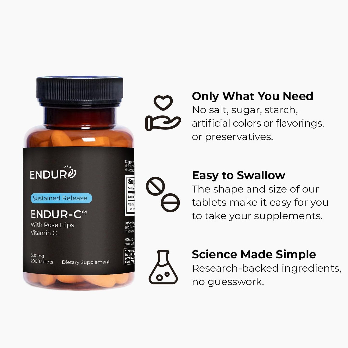 Endur ENDUR-C Vitamin C with Rose HIPS, Supports Collagen Production, Antioxidant Protection & Gentle Digestion, Gluten Free, 500mg (200 Tablets)