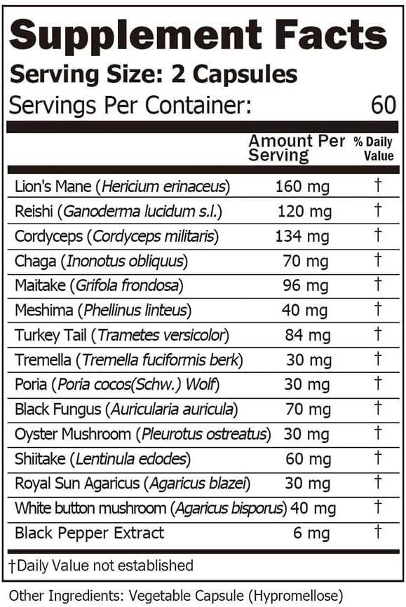 14 Mushrooms Supplement 120 Capsules - Immune System Booster & Nootropic Brain Supplement – with Lion’s Mane, Reishi, Maitake, Turkey Tail, Chaga Complex – Black Pepper for Absorption, 30% Beta-Glucan