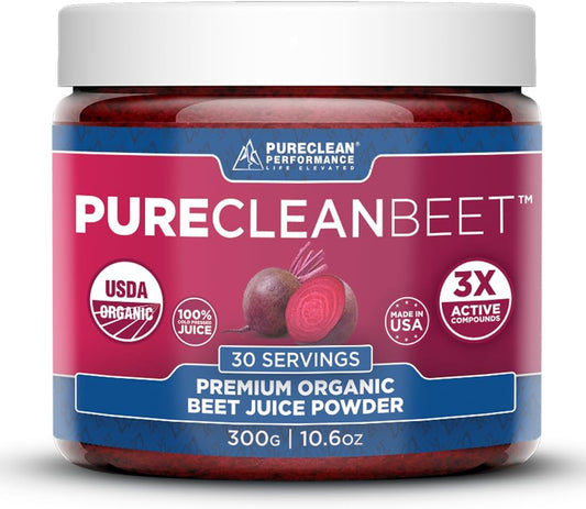PureClean Beet Premium Beet Juice Powder - 100% Organic Nitric Oxide Support for Clinically-Proven 3X Greater Circulation, Endurance & Energy - Proudly Cold-Pressed, Eco Friendly, USA - 30 Servings