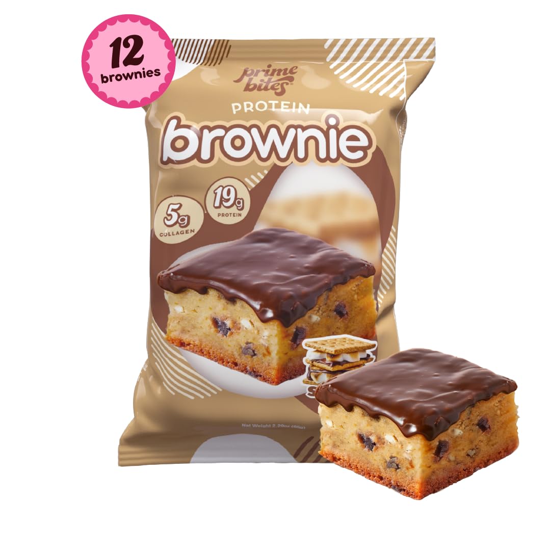 Prime Bites Protein Brownie from Alpha Prime Supplements | High Protein, Collagen Fortified Low Sugar Treat | Delicious Snack | 12 Bars per Box (S'mores)