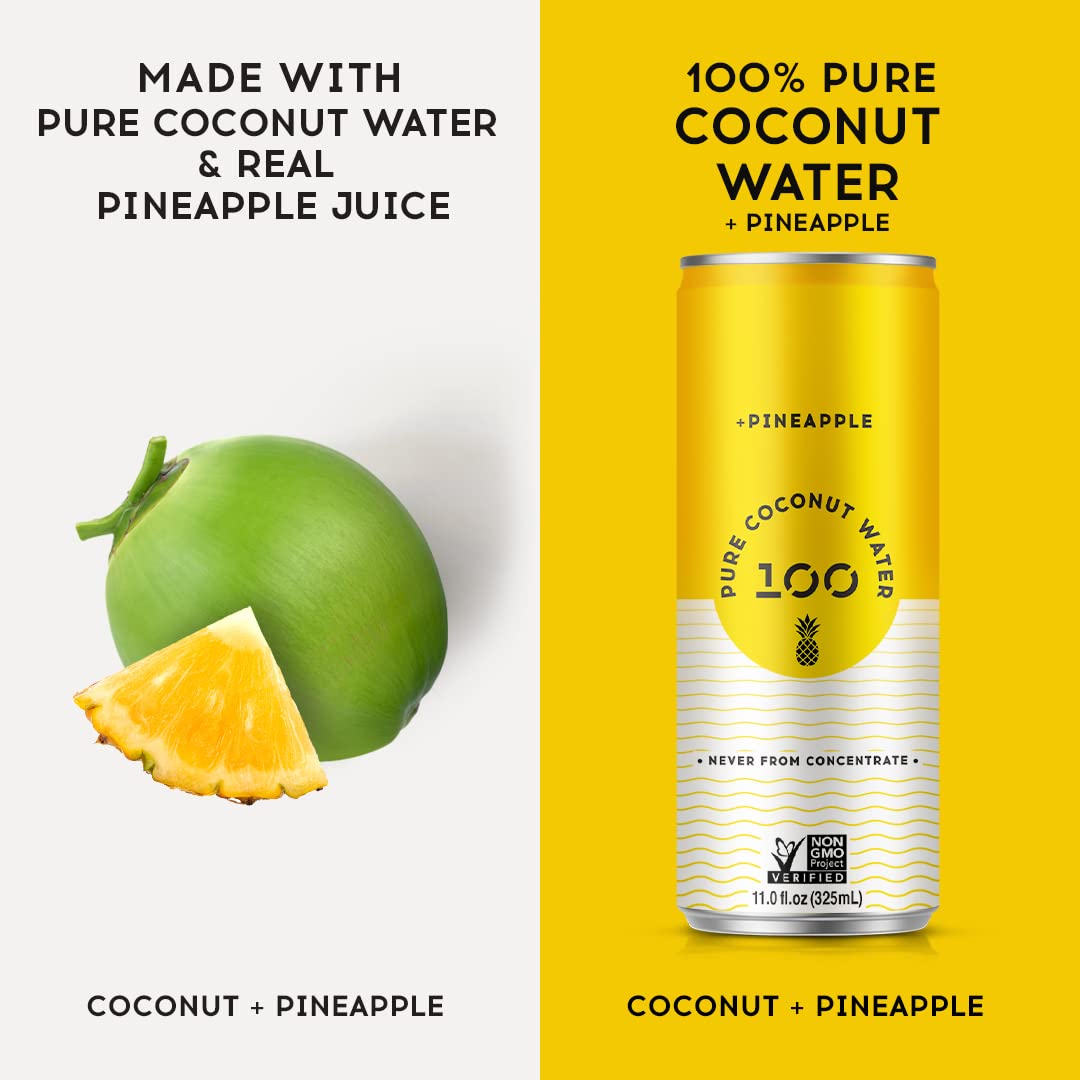 100 Coconuts Pineapple Pure Coconut-100% Pure Coconut Water - Low Calorie All-Natural Drink with Electrolytes - Naturally Sweet, no preservatives- Non-GMO, 11 fl oz, Pack of 12 (Pure Coconut Water)
