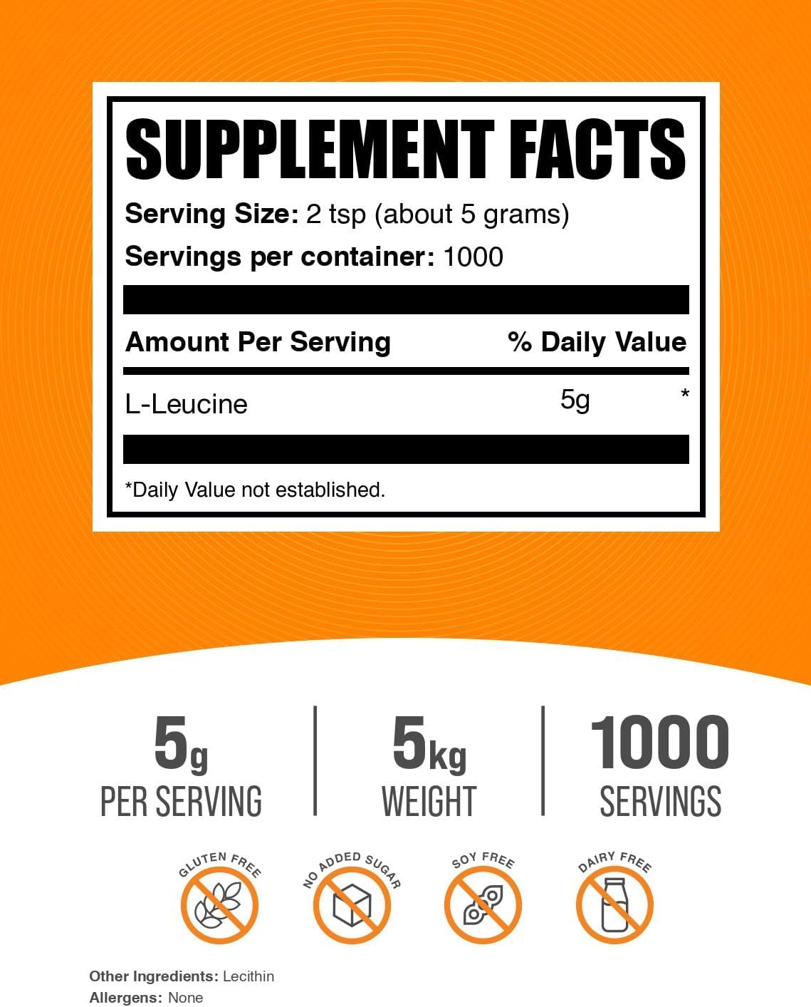 BulkSupplements.com L-Leucine Powder - Leucine Supplements, BCAA Supplements - Amino Acid Powder, Unflavored, 5g per Serving, 1kg (Pack of 5) (11 lbs)