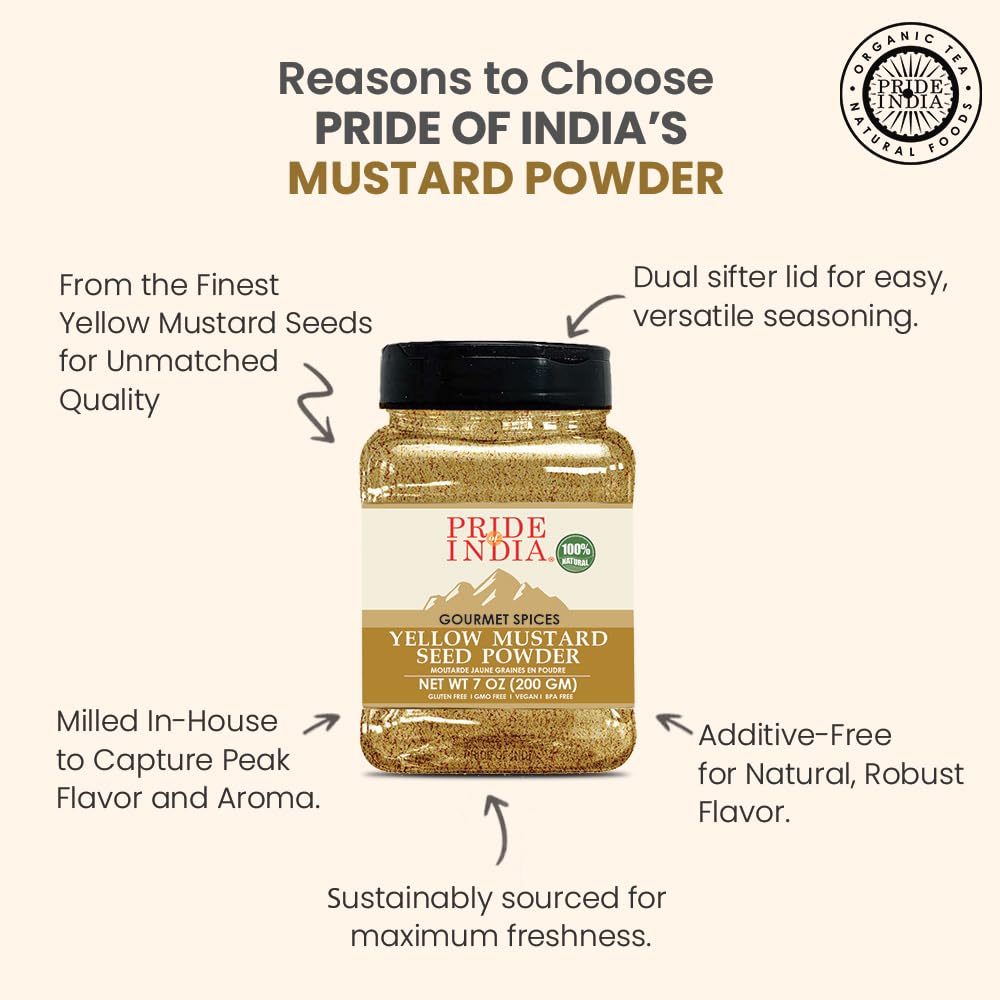 Pride Of India – Yellow Mustard Ground – Gourmet Spice - Ideal for Pickles/Mustard Dressing/Sauces/ Hotdogs – Preservatives & Additives Free – Easy to Store – 8oz. Medium Dual Sifter