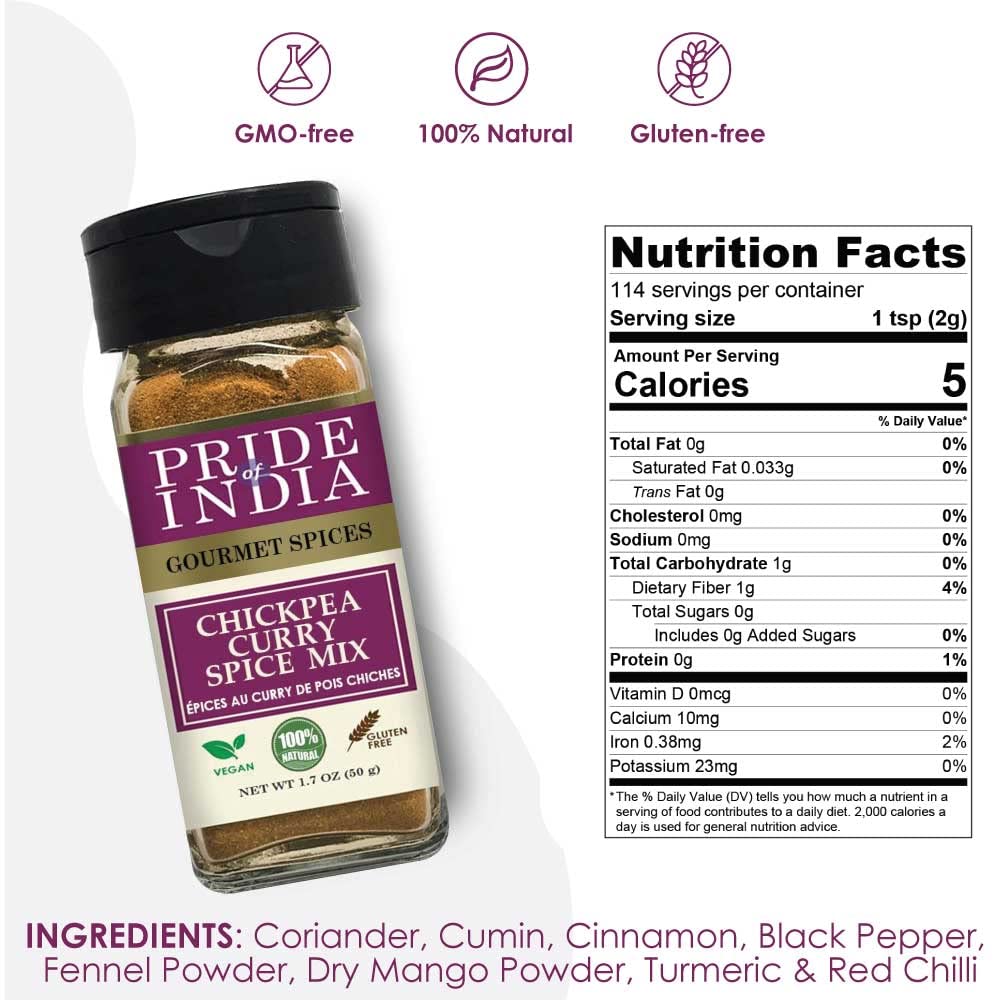 Pride of India | Chickpea Curry Masala Seasoning – 1.7 oz Small Dual Sifter Bottle | Authentic Indian Chana Masala Curry Powder | Authentic Indian Chole Curry Spice