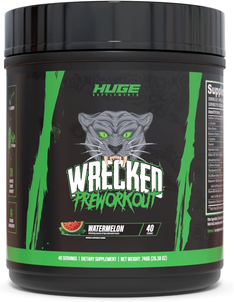 Wrecked Pre Workout Powder, Advanced Formula, Boosts Energy, Focus, Pumps & Performance, 10g L-Citrulline, 6.4g Beta Alanine, 5g Tyrosine, 1g Alpha GPC, 375mg Fast-Acting Caffeine & More (Watermelon)
