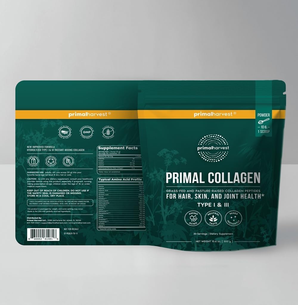 Primal Harvest Collagen Powder for Women or Men Primal Collagen Peptides Powder Type I & III, 10 Oz Collagen Protein Powder for Hair, Skin, Nails (Single, Original)