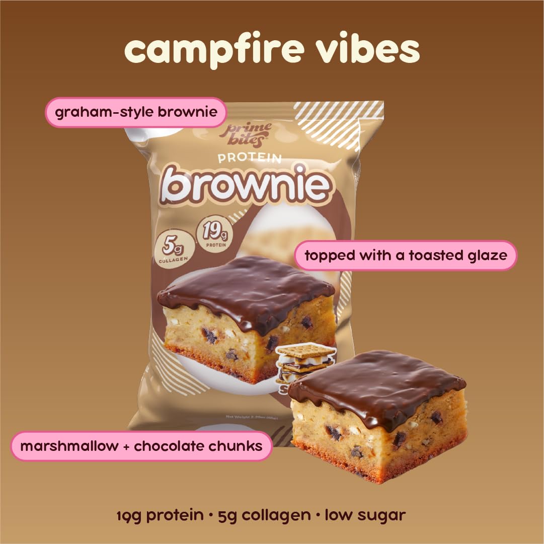 Prime Bites Protein Brownie from Alpha Prime Supplements | High Protein, Collagen Fortified Low Sugar Treat | Delicious Snack | 12 Bars per Box (S'mores)