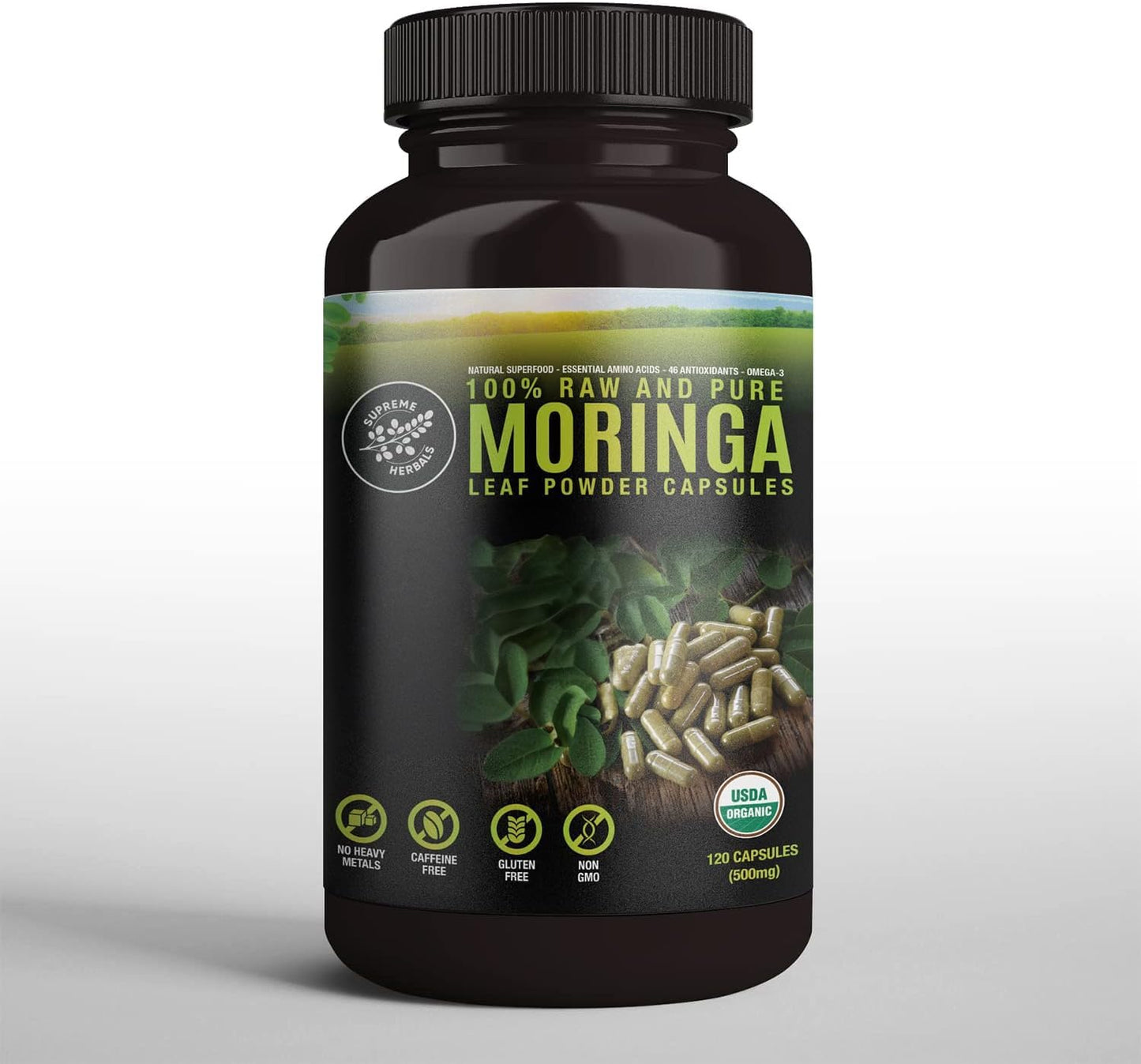 100% Raw and Pure Moringa Leaf Powder Capsules. Organic Certified Moringa Leaf. Natural Superfood with Essential Amino Acids, Antioxidants and Omega 3, 500mg, 120 Capsules.